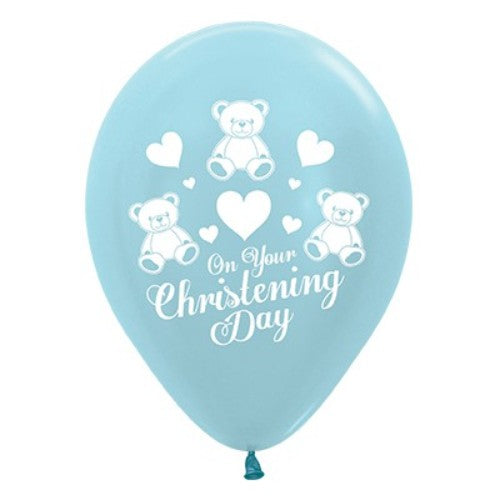 Pack of 25 30cm blue satin pearl balloons for elegant christening decorations, ideal for creating magical atmospheres.