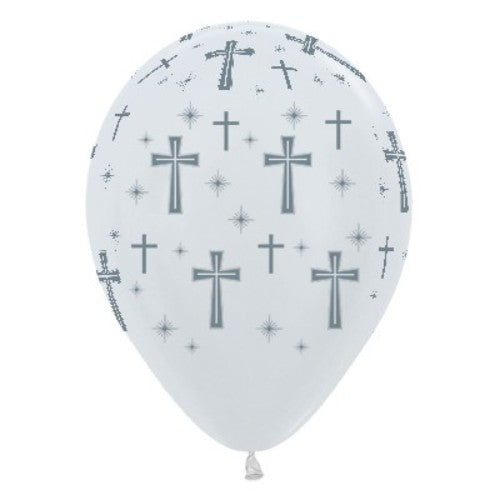30cm Holy Cross pearl white balloons with silver ink design, perfect for religious celebrations and events. Pack of 25.