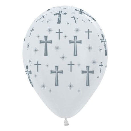 30cm Holy Cross pearl white balloons with silver ink design, perfect for religious celebrations and events. Pack of 25.