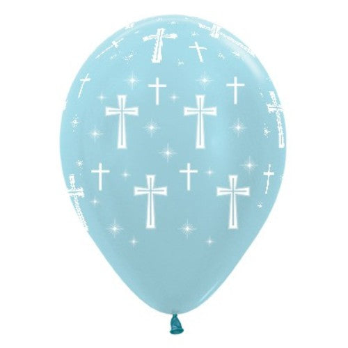 30cm Holy Cross Blue Satin Pearl Latex Balloons in a pack of 25, perfect for religious events and celebrations.