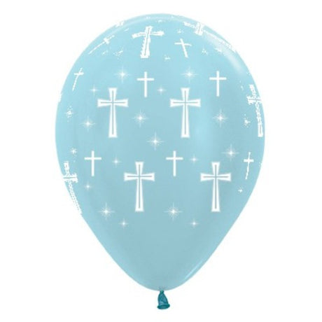30cm Holy Cross Blue Satin Pearl Latex Balloons in a pack of 25, perfect for religious events and celebrations.
