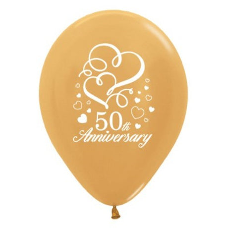30cm gold metallic heart-shaped balloons for 50th anniversaries, pack of 25, ideal for elegant party decor.