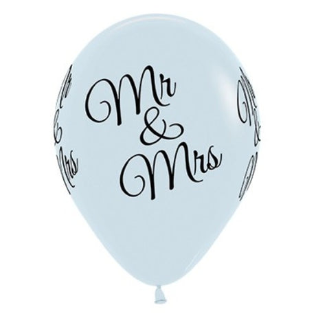 30cm white Mr & Mrs latex balloons in a pack of 6, perfect for weddings and romantic celebrations.