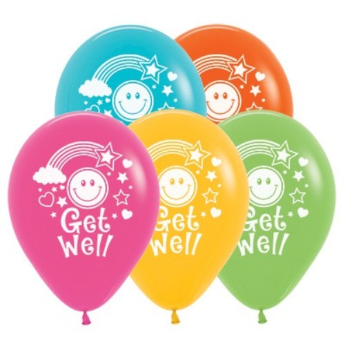 Pack of 25 vibrant 30cm Get Well Smiley Faces balloons in tropical colors, perfect for cheering up loved ones.