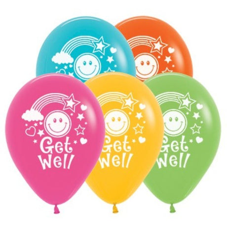 Pack of 25 vibrant 30cm Get Well Smiley Faces balloons in tropical colors, perfect for cheering up loved ones.
