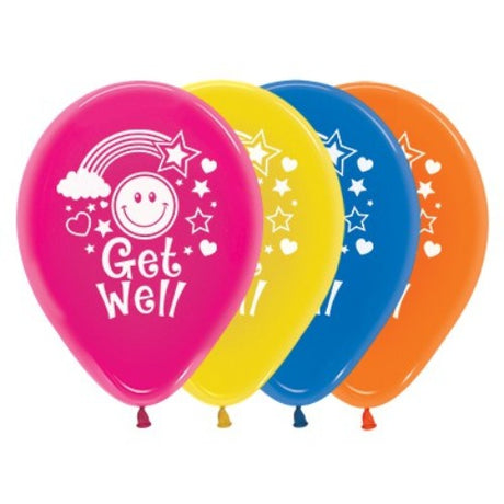 Brightly colored 30cm latex balloons with smiley faces in a pack of 25, perfect for get well soon occasions.