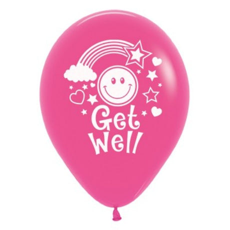 Vibrant 30cm fuchsia latex balloons with cheerful smiley faces, perfect for uplifting get well soon occasions, pack of 6.