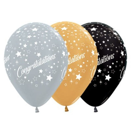 30cm pack of 25 metallic balloons in gold, silver, and black with star designs, ideal for celebratory events.