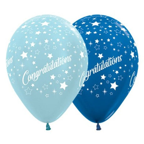 30cm blue and dark blue metallic latex balloons with star designs, perfect for celebrations and decorations. Pack of 25.