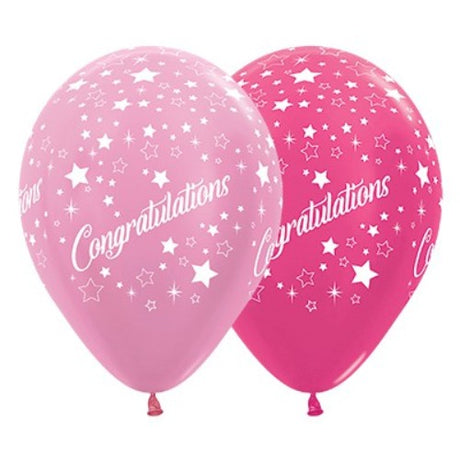 Pack of 25 pink and fuchsia 30cm metallic balloons with star faces, perfect for celebrations and decorative displays.