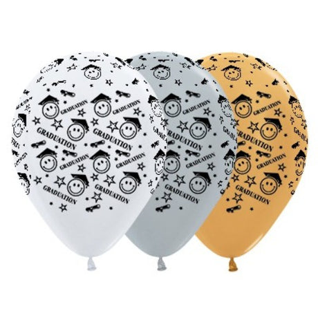 30cm pearl white, silver, and gold graduation balloons with smiley faces, pack of 25 for festive celebrations.