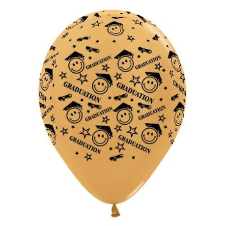 Gold metallic graduation balloons with smiley faces, perfect for celebrations and photo props. Pack of 6.