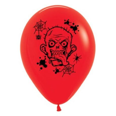Six 30cm red balloons featuring zombie graphics, perfect for Halloween parties and spooky celebrations.