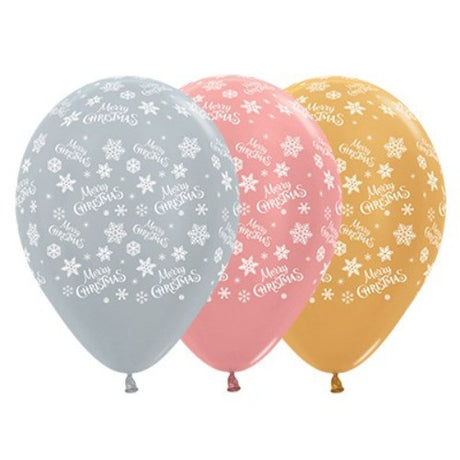 30cm silver, rose gold, and gold snowflake balloons for Christmas celebrations, pack of 25, perfect for indoor and outdoor decor.
