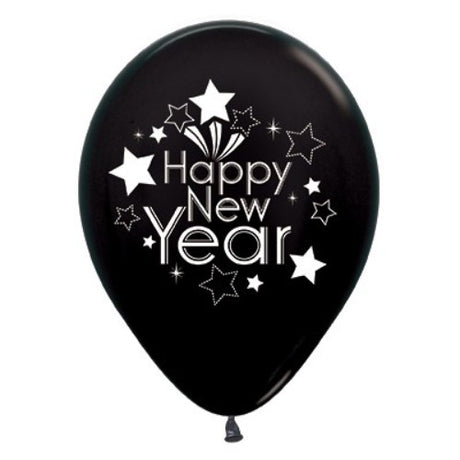 Pack of 6 30cm black metallic balloons for elegant New Year's celebrations and festive decor.