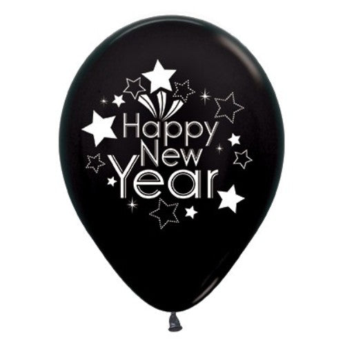Pack of 6 30cm black metallic balloons for elegant New Year's celebrations and festive decor.