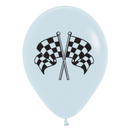 30cm latex balloons featuring black and white racing flags, perfect for motorsport-themed parties or events. Pack of 6.