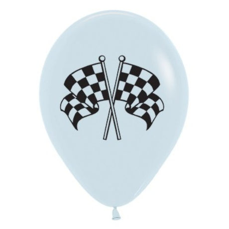 30cm latex balloons featuring black and white racing flags, perfect for motorsport-themed parties or events. Pack of 6.