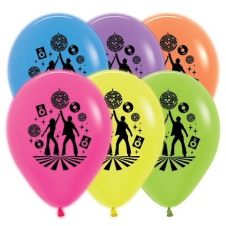 Colorful 30cm latex balloons in fuchsia, yellow, green, blue, purple, and orange, perfect for vibrant party decor.