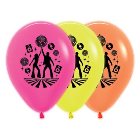 Pack of 25 vibrant 30cm fuchsia, yellow, and orange neon disco-themed latex balloons for festive celebrations.
