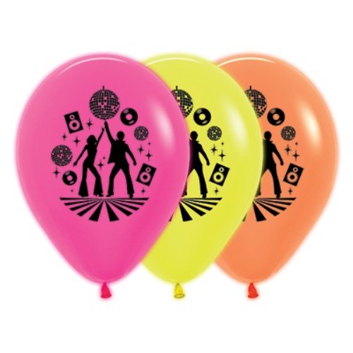 Pack of 25 vibrant 30cm fuchsia, yellow, and orange neon disco-themed latex balloons for festive celebrations.