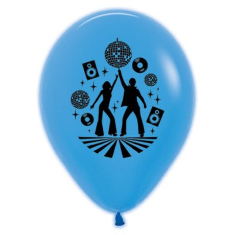 Pack of 6 vibrant 30cm blue neon latex balloons, perfect for disco-themed parties and festive celebrations.