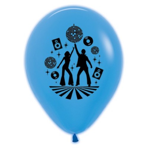 Pack of 6 vibrant 30cm blue neon latex balloons, perfect for disco-themed parties and festive celebrations.
