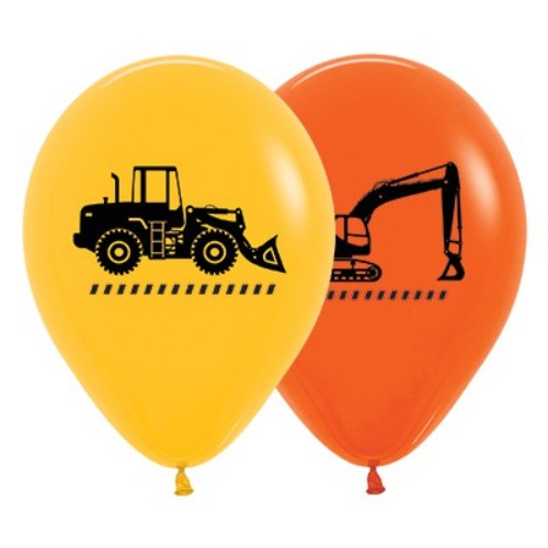 Vibrant 30cm yellow and orange construction truck balloons in a pack of 25, perfect for festive events and parties.