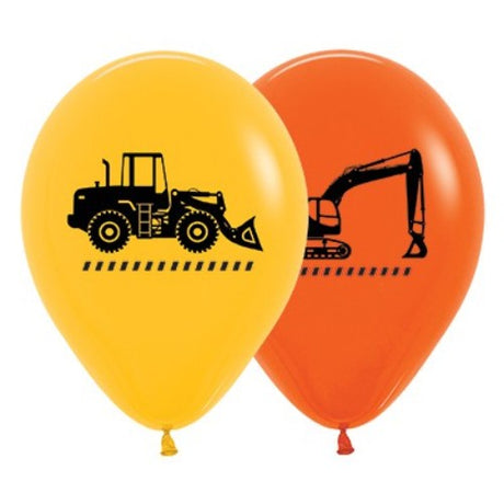 Vibrant 30cm yellow and orange construction truck balloons in a pack of 25, perfect for festive events and parties.