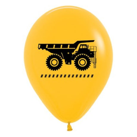 Pack of 25 yellow latex balloons featuring cheerful construction truck designs, perfect for themed parties and celebrations.