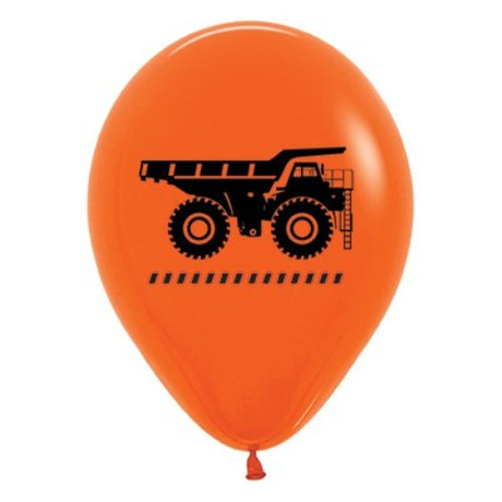 Pack of 6 vibrant 30cm orange construction truck balloons, perfect for kids' parties and themed celebrations.
