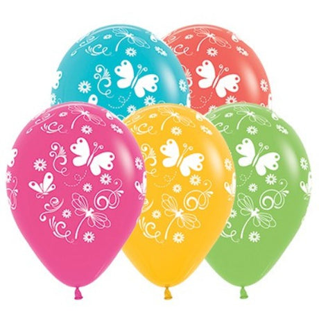 Vibrant 30cm tropical balloons featuring butterflies and dragonflies in assorted colors for festive events. Pack of 25.
