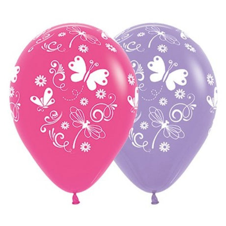 Vibrant 30cm fuchsia and lilac balloons featuring butterfly and dragonfly designs, perfect for festive occasions.