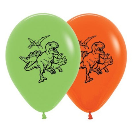 Bright lime green and orange dinosaur-themed balloons, 30cm, perfect for festive events like birthdays and baby showers.