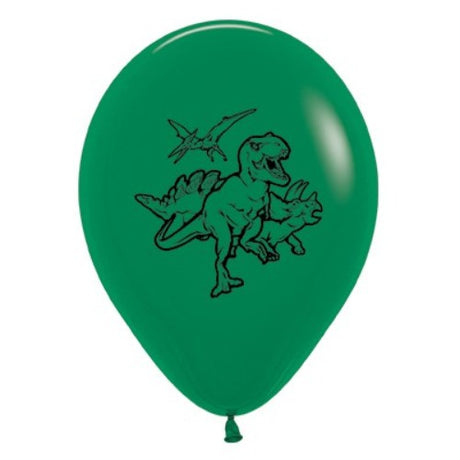 Pack of 6 vibrant 30cm forest green dinosaur balloons, ideal for themed parties and celebrations.