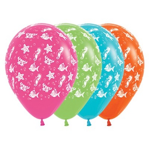 Pack of 25 vibrant 30cm latex balloons featuring fuchsia, lime green, blue, and orange sea creatures for tropical-themed parties.
