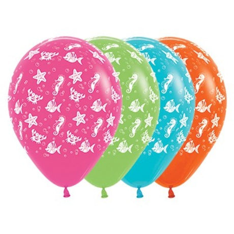 Pack of 25 vibrant 30cm latex balloons featuring fuchsia, lime green, blue, and orange sea creatures for tropical-themed parties.