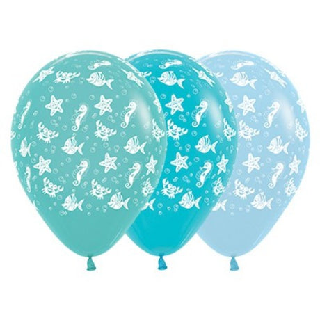 30cm Sea Creatures balloons in Aquamarine, Caribbean Blue, and Blue - perfect for ocean-themed events, pack of 25.