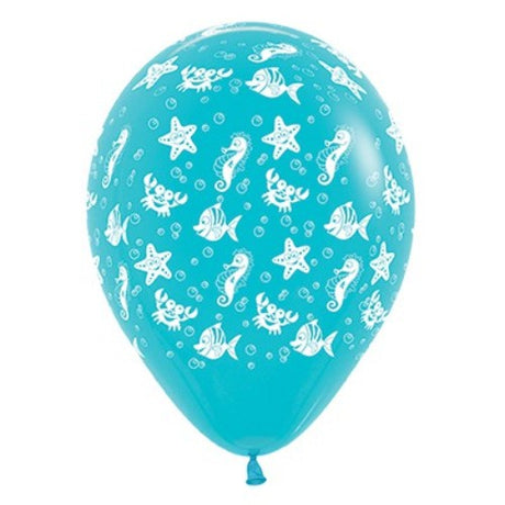 Pack of 25 Caribbean blue latex balloons featuring vibrant sea creature designs for festive beach-themed celebrations.