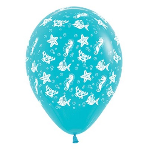 Pack of 25 Caribbean blue latex balloons featuring vibrant sea creature designs for festive beach-themed celebrations.