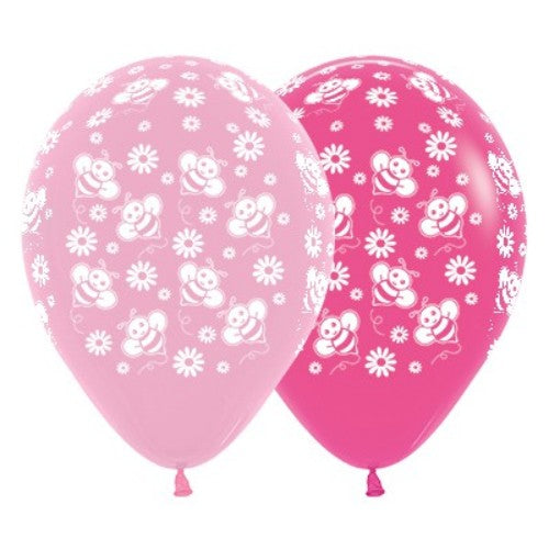 30cm pink and fuchsia balloons with bumble bee and flower designs, perfect for festive celebrations and parties.