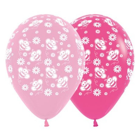 30cm pink and fuchsia balloons with bumble bee and flower designs, perfect for festive celebrations and parties.