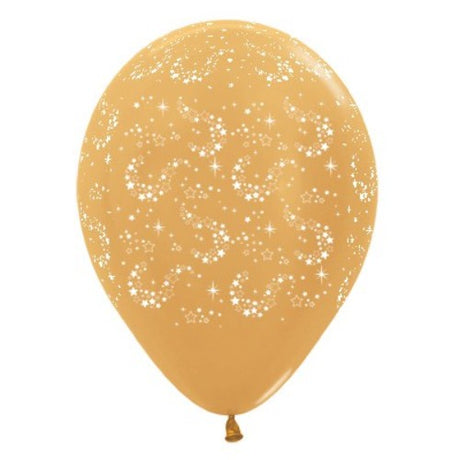 Pack of 6 gold metallic latex balloons shaped like sparkling stars, perfect for elegant celebrations and events.