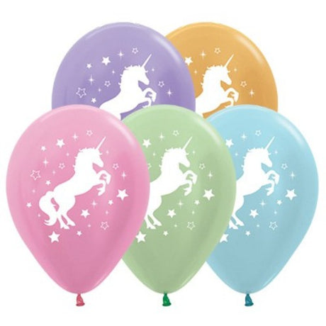 Pack of 25 vibrant 30cm unicorn-themed metallic balloons in pearl pink, green, blue, lilac, and gold for festive celebrations.