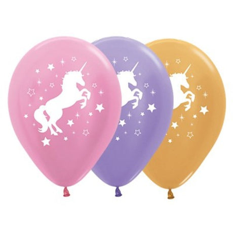 30cm Unicorn balloons in pink, lilac, and gold with sparkles and stars, perfect for whimsical celebrations.