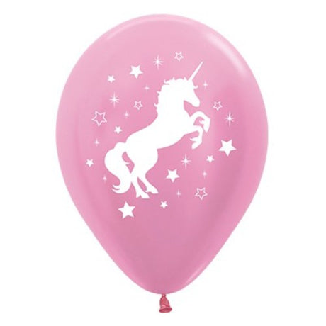 30cm pearl pink satin balloons with unicorn sparkles and stars, perfect for whimsical celebrations, pack of 25