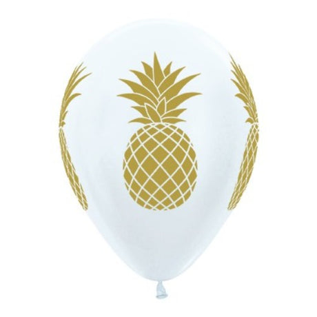 Pack of 25 tropical pineapple balloons in pearl white and gold, perfect for summer events and celebrations.
