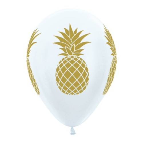 Pack of 25 tropical pineapple balloons in pearl white and gold, perfect for summer events and celebrations.