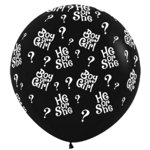 90cm black latex balloons with vibrant question marks, perfect for gender reveals and celebrations.