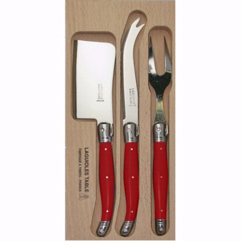 Bright red 3-piece cheese knife set with stainless steel blades and vibrant resin handles, elegantly packaged for gifting.
